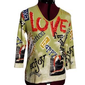 Chico's graphic Design size M/8 stretch knit Cotton long sleeve round neck top